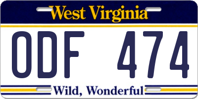 WV license plate ODF474