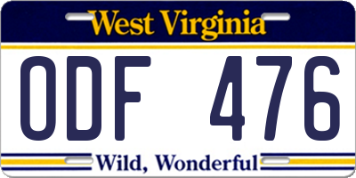 WV license plate ODF476