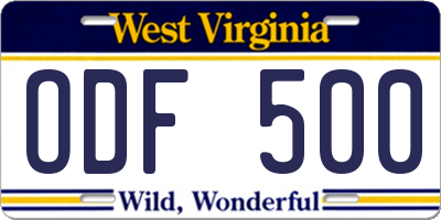 WV license plate ODF500