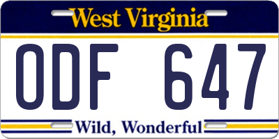 WV license plate ODF647