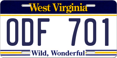 WV license plate ODF701