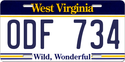 WV license plate ODF734