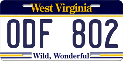 WV license plate ODF802