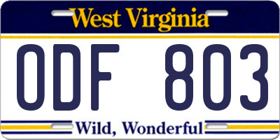 WV license plate ODF803