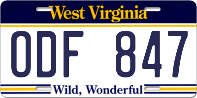 WV license plate ODF847