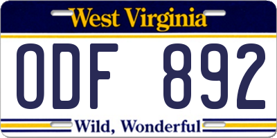 WV license plate ODF892