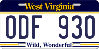 WV license plate ODF930