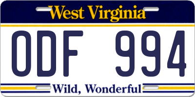 WV license plate ODF994