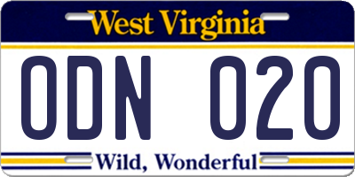 WV license plate ODN020