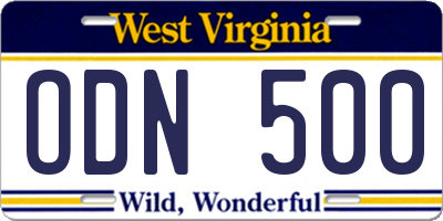 WV license plate ODN500