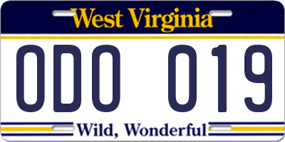 WV license plate ODO019