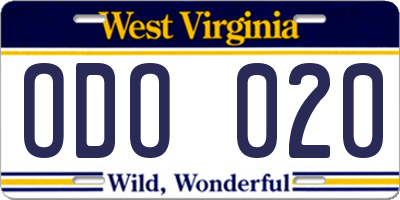 WV license plate ODO020