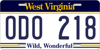 WV license plate ODO218