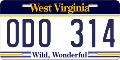 WV license plate ODO314
