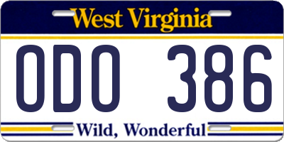 WV license plate ODO386