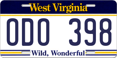 WV license plate ODO398
