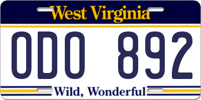 WV license plate ODO892