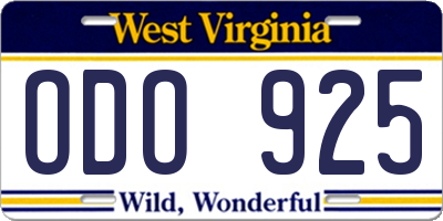 WV license plate ODO925