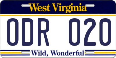 WV license plate ODR020