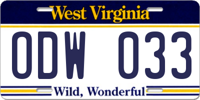 WV license plate ODW033