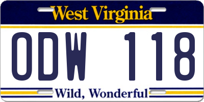 WV license plate ODW118