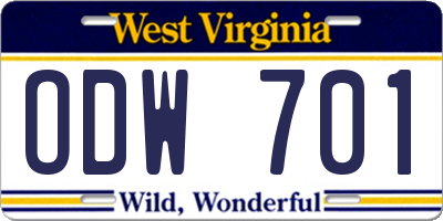 WV license plate ODW701