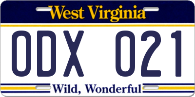 WV license plate ODX021