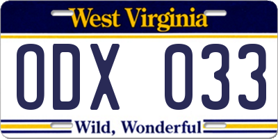 WV license plate ODX033