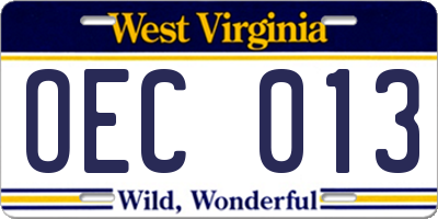 WV license plate OEC013