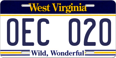 WV license plate OEC020