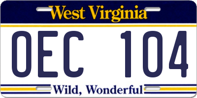 WV license plate OEC104