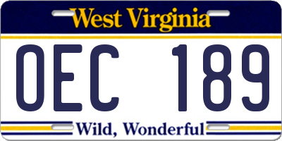 WV license plate OEC189