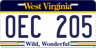 WV license plate OEC205