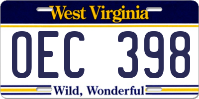WV license plate OEC398