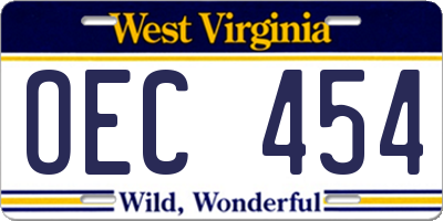 WV license plate OEC454