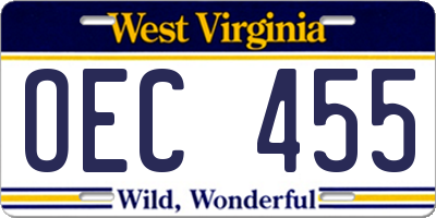 WV license plate OEC455