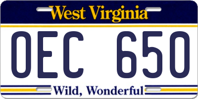 WV license plate OEC650