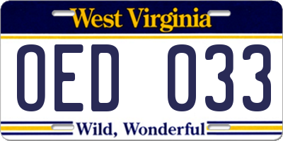 WV license plate OED033