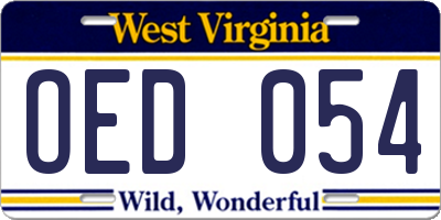 WV license plate OED054
