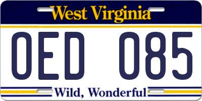 WV license plate OED085