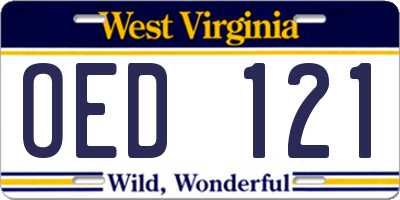 WV license plate OED121