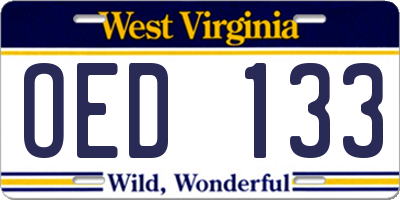 WV license plate OED133