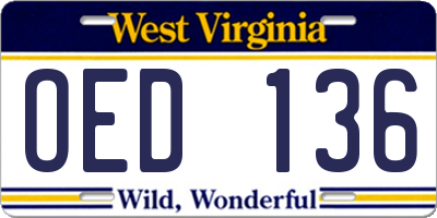 WV license plate OED136