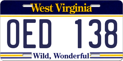 WV license plate OED138