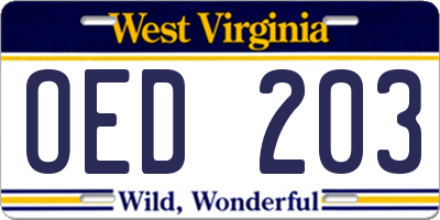 WV license plate OED203