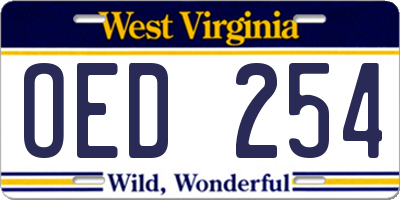 WV license plate OED254