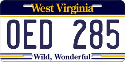 WV license plate OED285