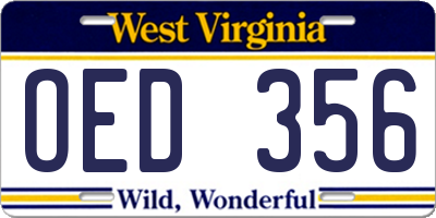 WV license plate OED356