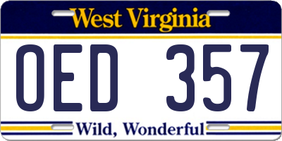WV license plate OED357