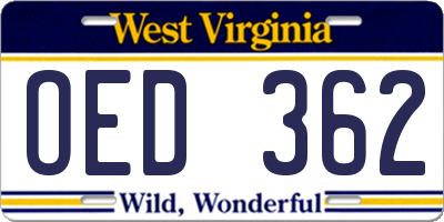 WV license plate OED362